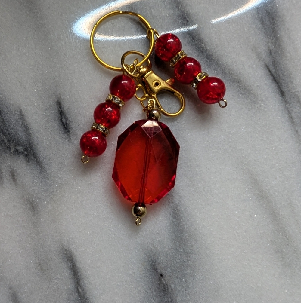 Red Beaded Bagcharm/Keychain with Gold Accents
